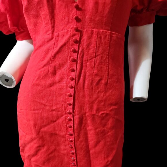 Bardot Talullah Linen Blend Minidress Puff Sleeves Button Accents Plunge Neck - Picture 4 of 7
